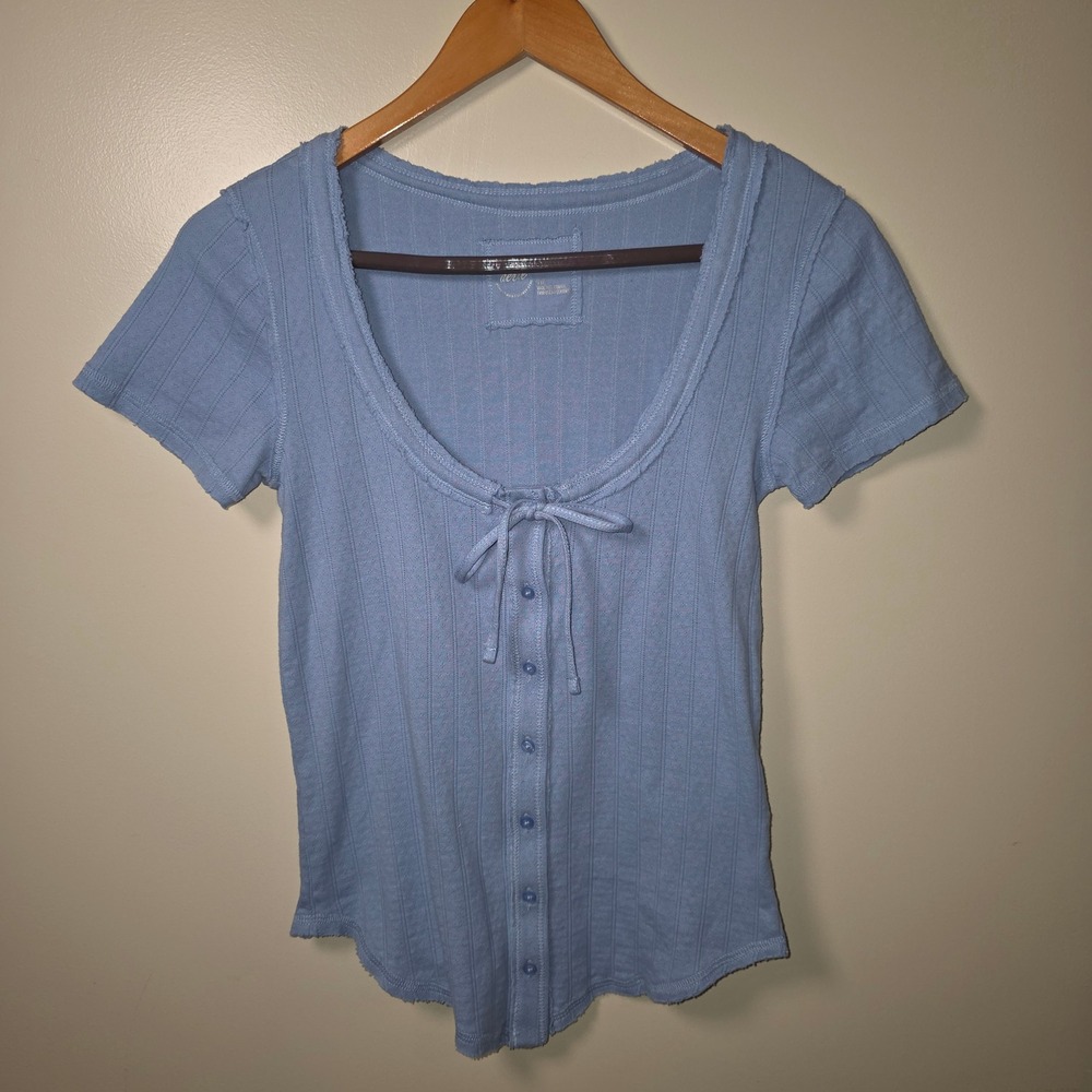 Aerie Women Blue Ribbed Button Front Tie Neck Short Sleeve Top 078-5496-3833 S